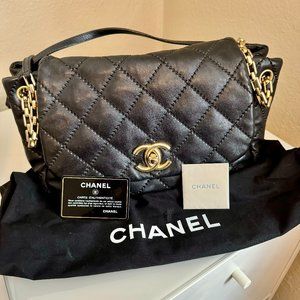 Calfskin Quilted Retro Chain Flap Black - Gold Hardware